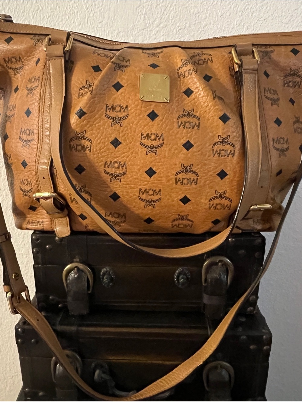 MCM Cognac Monogram Visetos Shoulder Tote with Black Accents